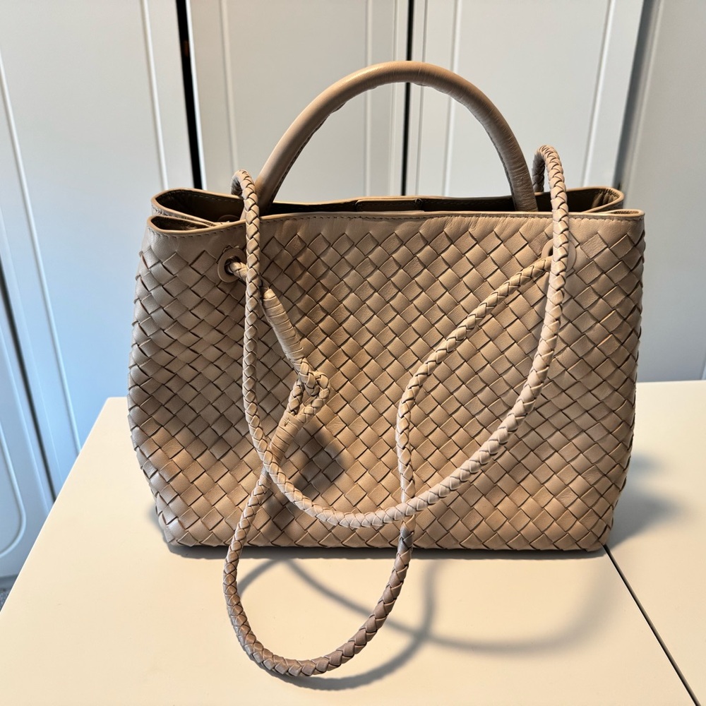 Quince Italian Leather Hand Woven Satchel in Taupe - Picture 7 of 12